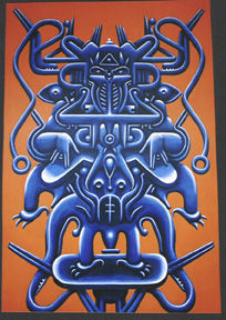 Picture of a painting. Blue figure on orange background.