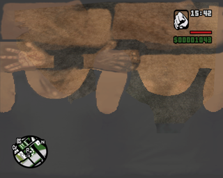 Screenshot of glitch where CJ�s body texture is stretched over the viewport.